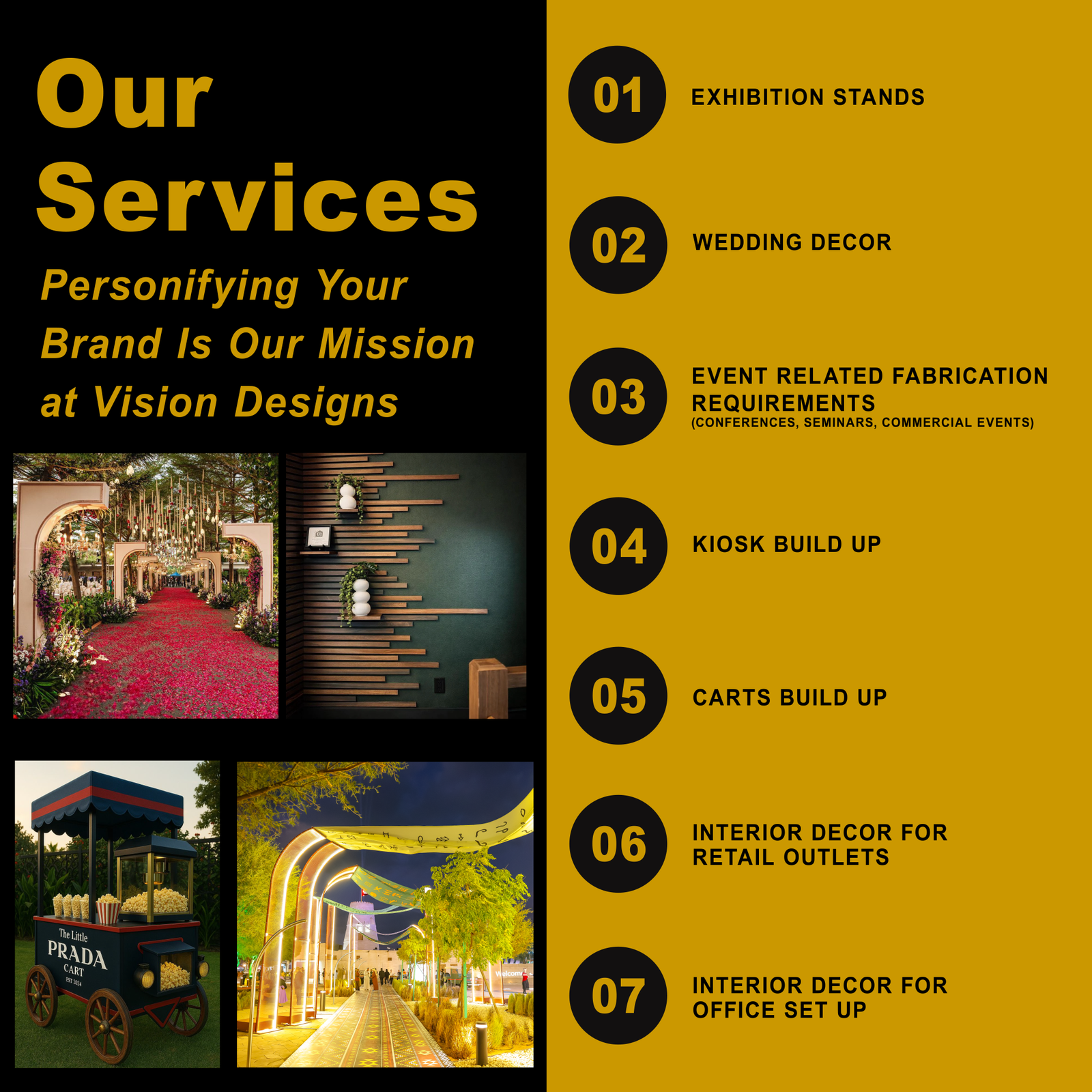 Vision Designs services portfolio - exhibition stands, wedding decor, fabrication, kiosks, carts and interiors