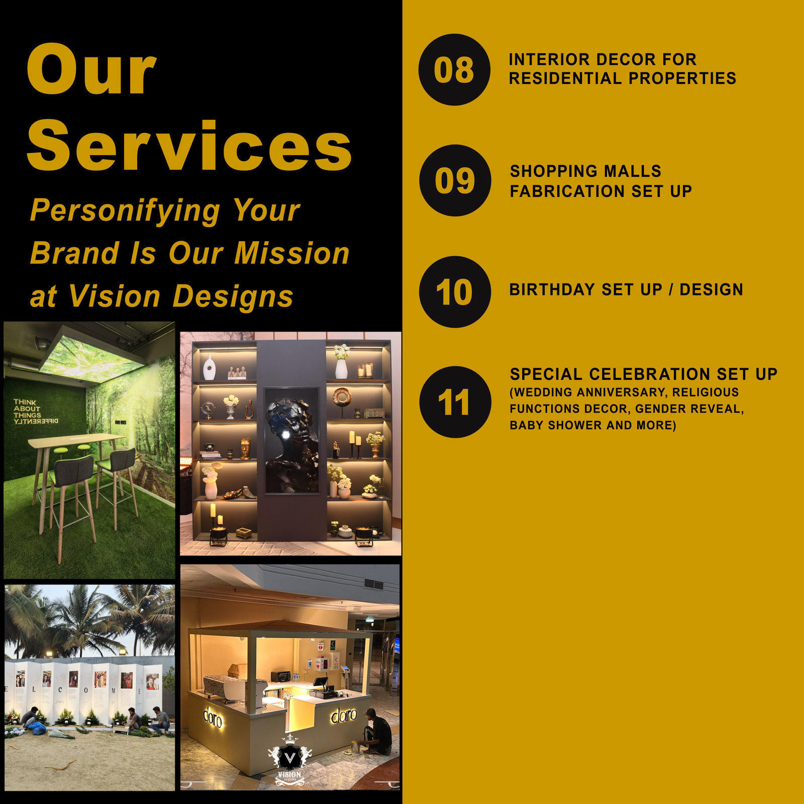 Vision Designs services portfolio - residential interiors, malls fabrication, birthday and celebration setup
